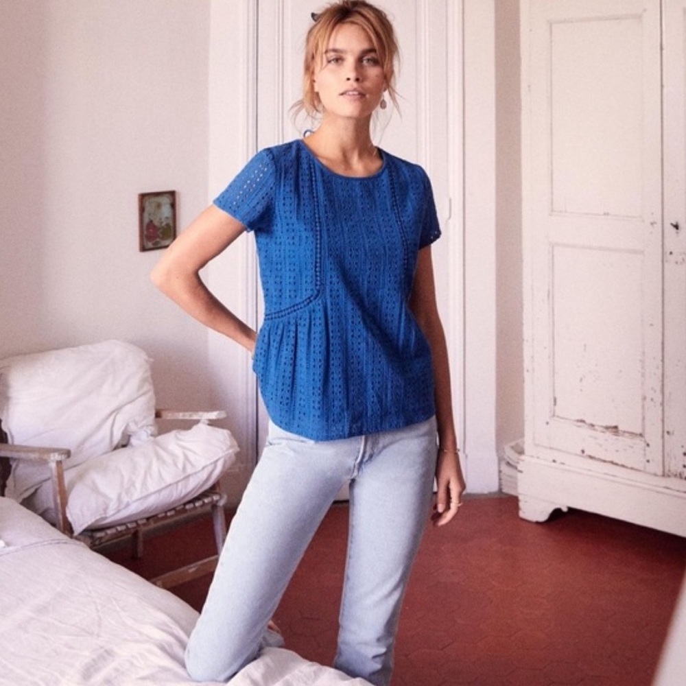 Sézane blue crochet lace up back shirt